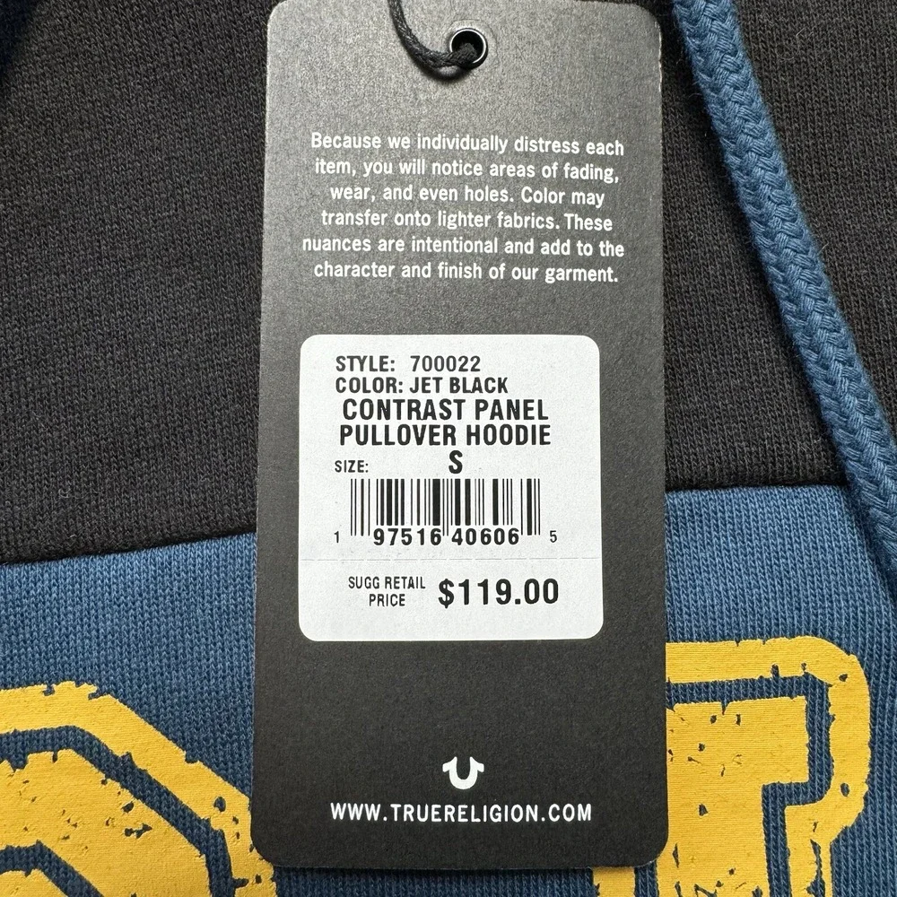 True Religion Pullover Hoodie Mens Small Black Contrast Panel Graphic 700022 New